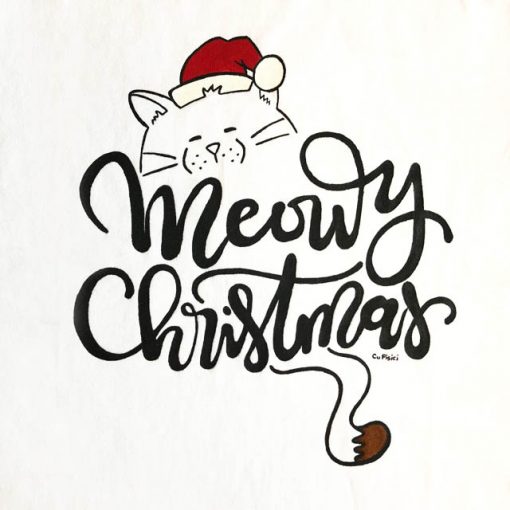 Tricou pictat manual cu pisica Meowy Christmas