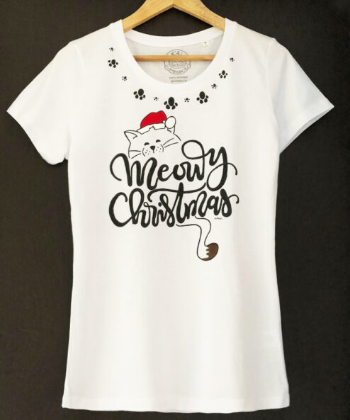 Tricou pictat manual cu pisica Meowy Christmas si Pernute