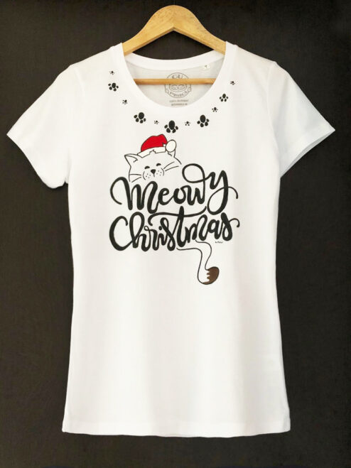 Tricou pictat manual cu pisica Meowy Christmas si Pernute