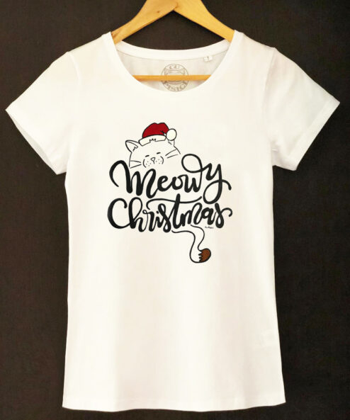 Tricou pictat manual cu pisica Meowy Christmas