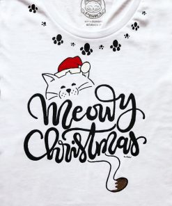 Tricou pictat manual cu pisica Meowy Christmas si Pernute