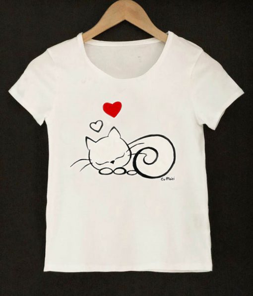 Tricou pentru fete pictat manual-Pisica Somnoroasa
