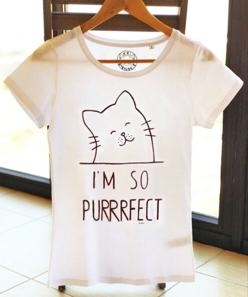 Tricou pictat manual cu Pisicuta I’m so Purrrfect-Alb