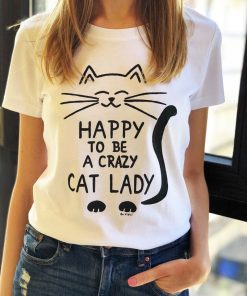 Tricou pictat manual-Crazy Cat Lady, Alb