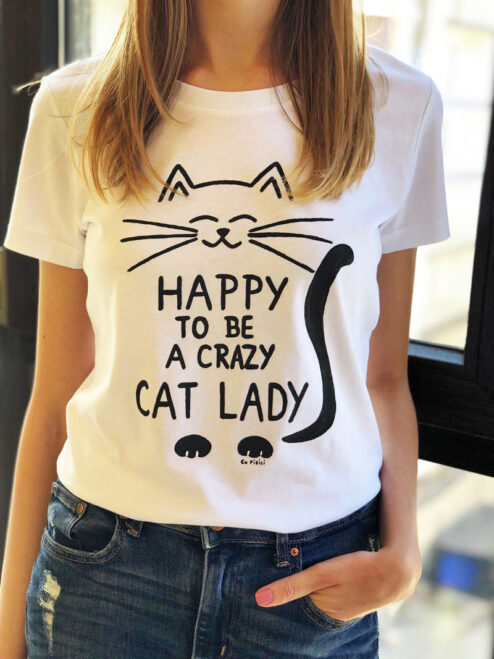 Tricou pictat manual-Crazy Cat Lady, Alb