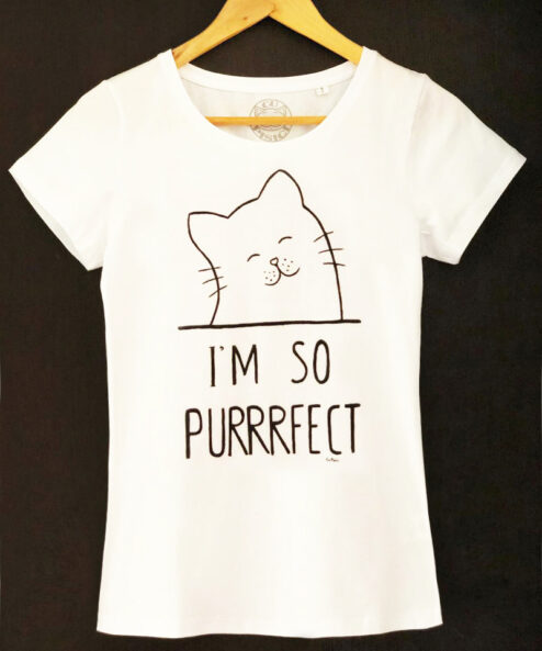 Tricou pictat manual cu Pisicuta I’m so Purrrfect-Alb