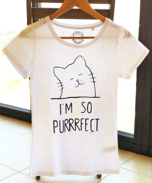 Tricou pictat manual cu Pisicuta I’m so Purrrfect-Alb