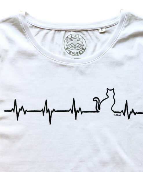 Tricou pictat manual cu Pisica Heartbeat