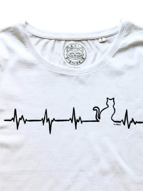 Tricou pictat manual cu Pisica Heartbeat