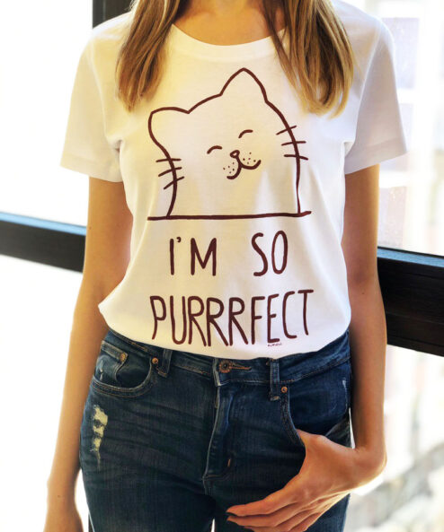 Tricou pictat manual cu Pisicuta I’m so Purrrfect-Alb