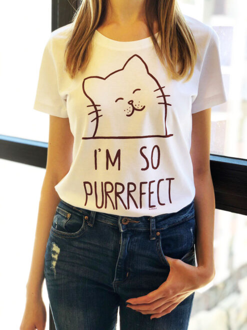 Tricou pictat manual cu Pisicuta I’m so Purrrfect-Alb