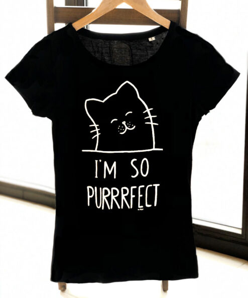 Tricou pictat manual cu Pisicuta I’m so Purrrfect-Negru