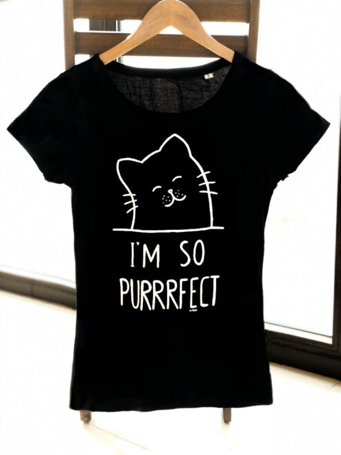 Tricou pictat manual cu Pisicuta I’m so Purrrfect-Negru