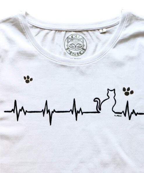 Tricou cu Pisica Heartbeat si Pernute, pictat manual