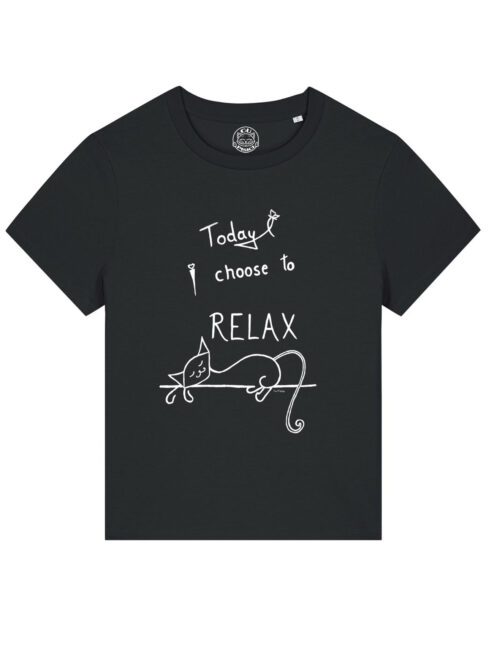 Tricou pictat manual cu Pisica Lenesa-Negru