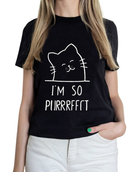 Tricou pictat manual cu Pisicuta I’m so Purrrfect-Negru