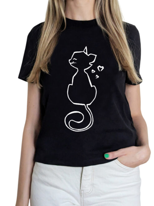 Tricou pictat manual cu pisica si inimioare