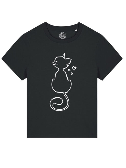 Tricou pictat manual cu pisica si inimioare