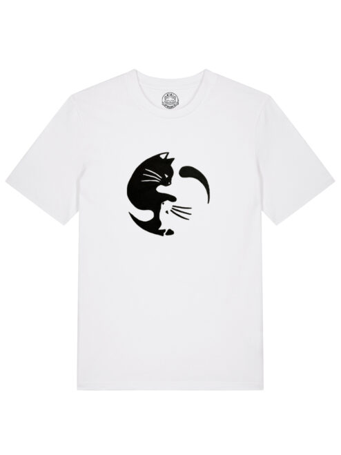 Tricou pentru barbati-Pisici Yin si Yang, pictat manual-Alb