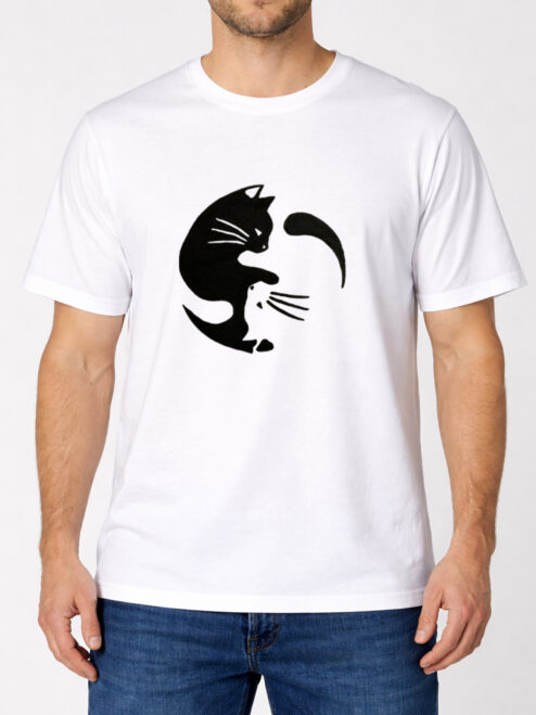 Tricou pentru barbati-Pisici Yin si Yang, pictat manual-Alb