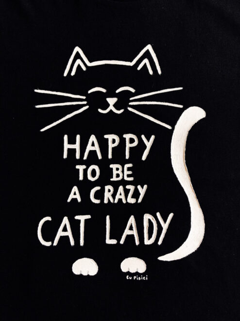 Tricou pictat manual-Crazy Cat Lady, Negru