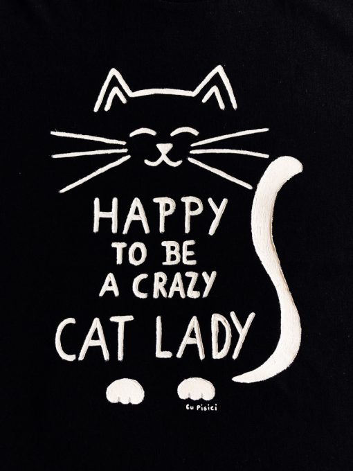 Tricou pictat manual-Crazy Cat Lady, Negru