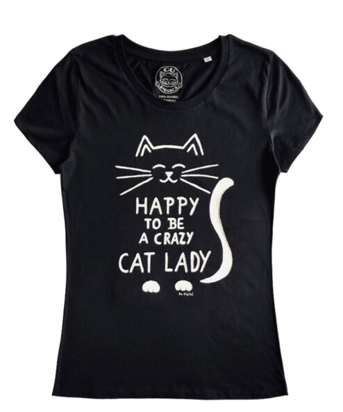 Tricou pictat manual-Crazy Cat Lady, Negru