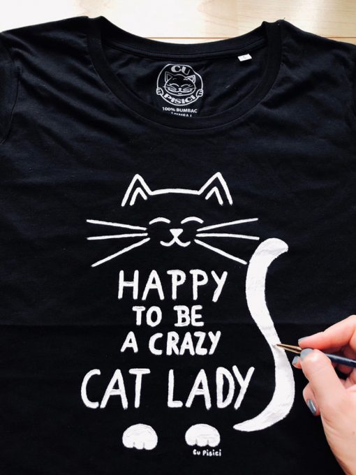 Tricou pictat manual-Crazy Cat Lady, Negru