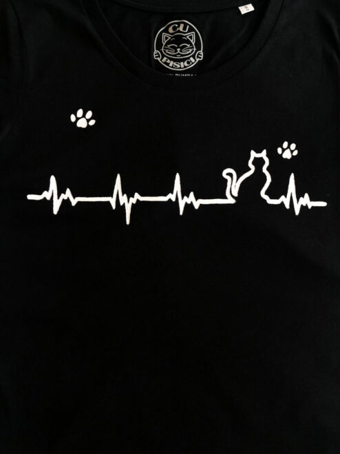 Tricou cu Pisica Heartbeat si Pernute, pictat manual-Negru