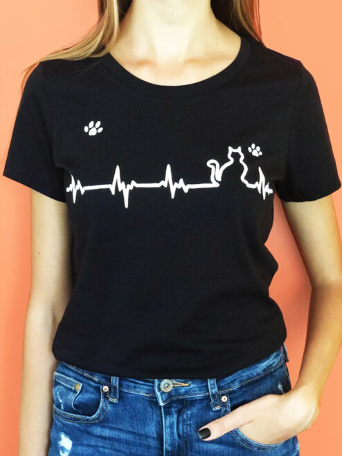 Tricou cu Pisica Heartbeat si Pernute, pictat manual-Negru