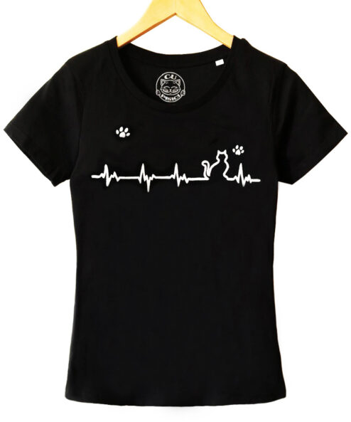 Tricou cu Pisica Heartbeat si Pernute, pictat manual-Negru