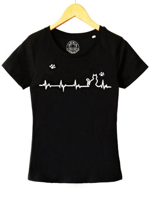 Tricou cu Pisica Heartbeat si Pernute, pictat manual-Negru