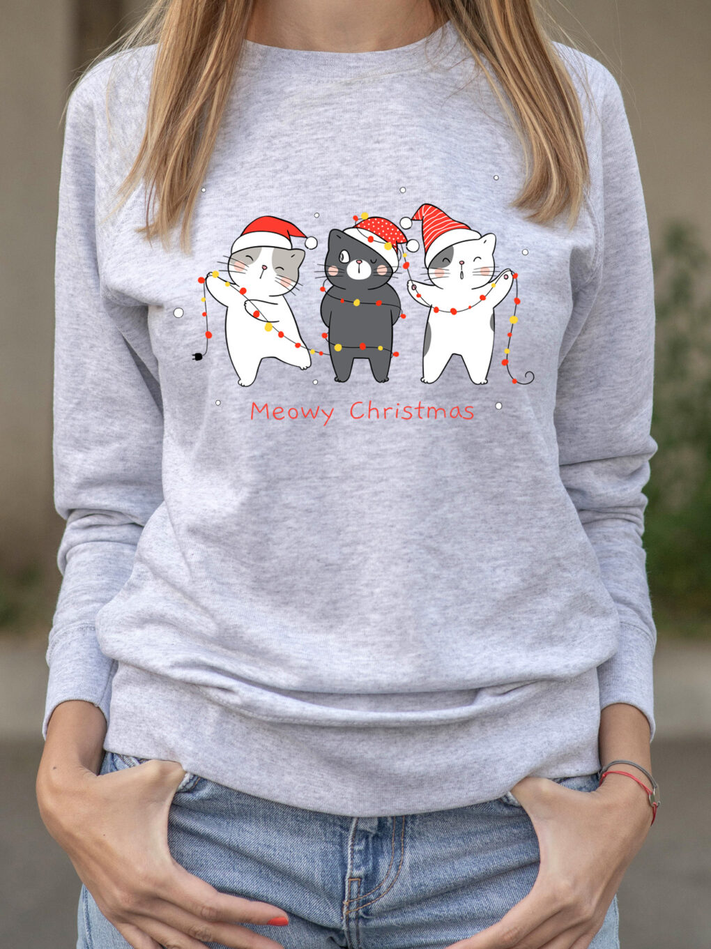 Bluza printata-Christmas Cats, Femei-Gri