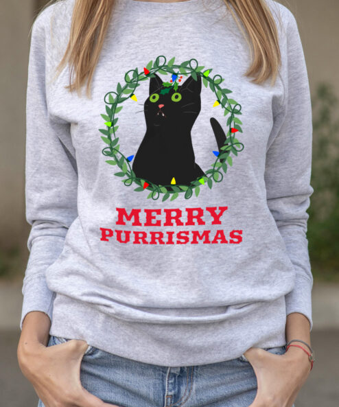 Bluza printata-Merry Purrismas (Black Cat), Femei