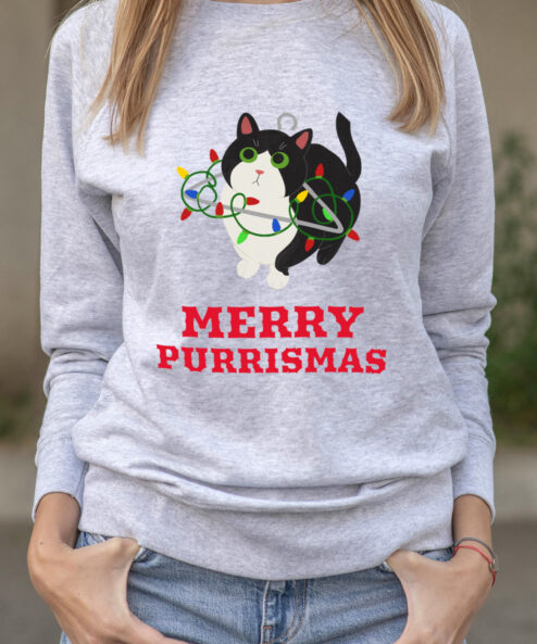 Bluza printata-Merry Purrismas (Tuxedo Cat), Femei