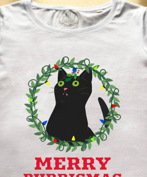 Tricou bumbac organic-Merry Purrismas (Black Cat)