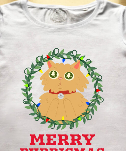 Tricou bumbac organic-Merry Purrismas (Ginger Cat)