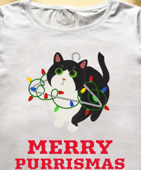 Tricou bumbac organic-Merry Purrismas (Tuxedo Cat)