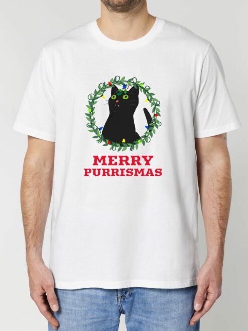 Tricou din bumbac organic Premium-Merry Purrismas (Black Cat), Barbati