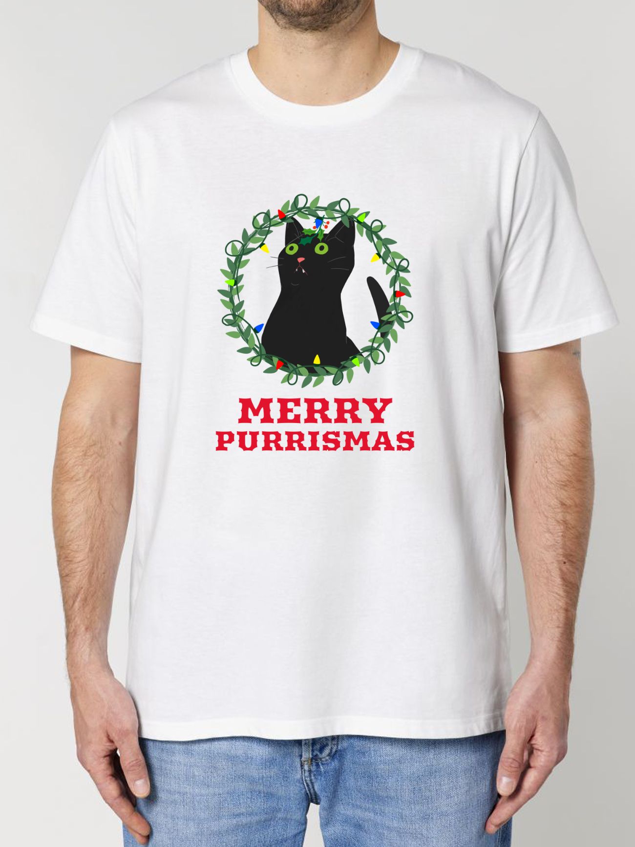 Tricou din bumbac organic Premium-Merry Purrismas (Black Cat), Barbati