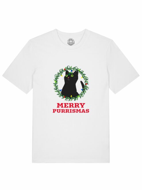 Tricou din bumbac organic Premium-Merry Purrismas (Black Cat), Barbati