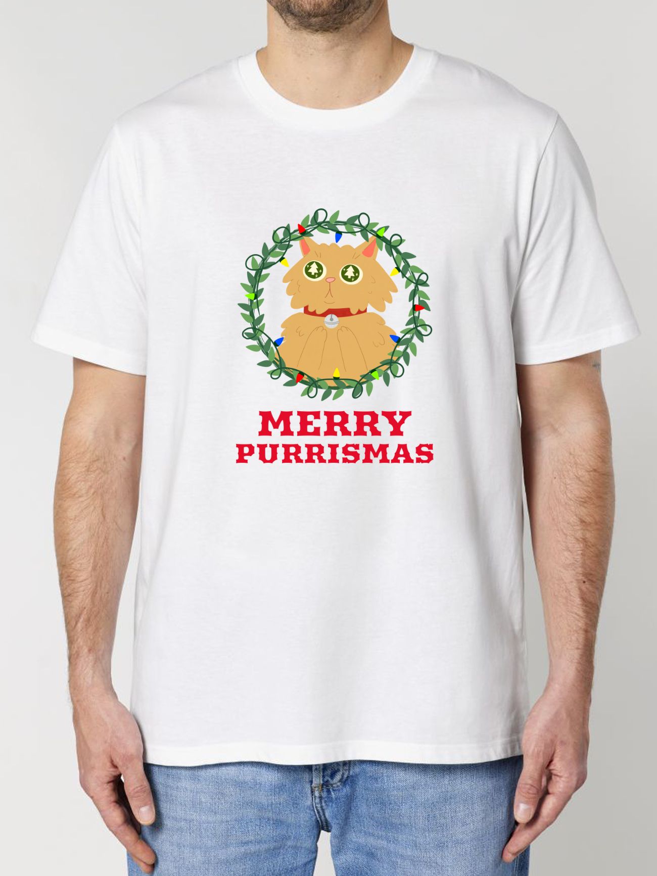 Tricou din bumbac organic Premium-Merry Purrismas (Ginger Cat), Barbati