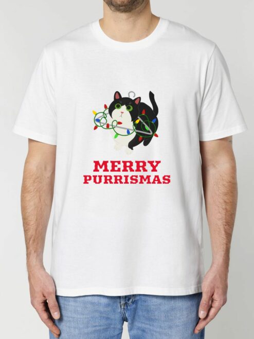 Tricou din bumbac organic Premium-Merry Purrismas (Tuxedo Cat), Barbati