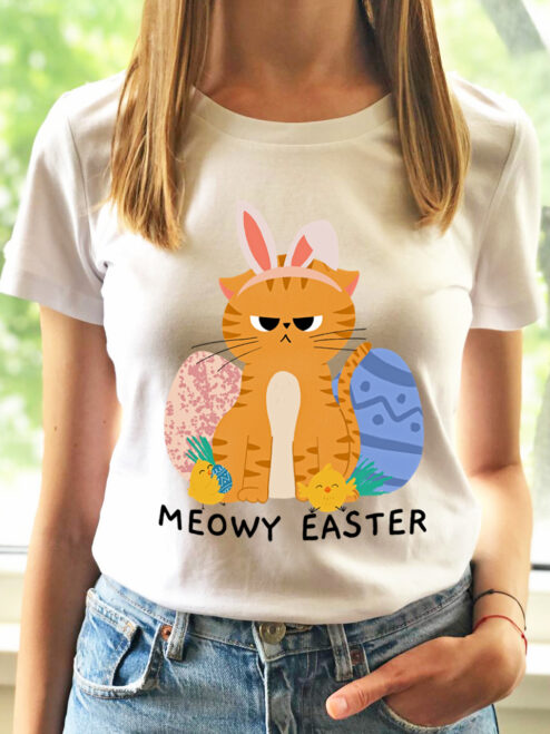 Tricou bumbac organic-Meowy Easter, Femei