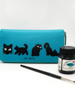 Portofel din piele naturala-Cats in Black, pictat manual, Albastru