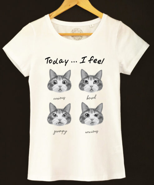 Tricou bumbac organic-Cat Mood, Femei-Alb