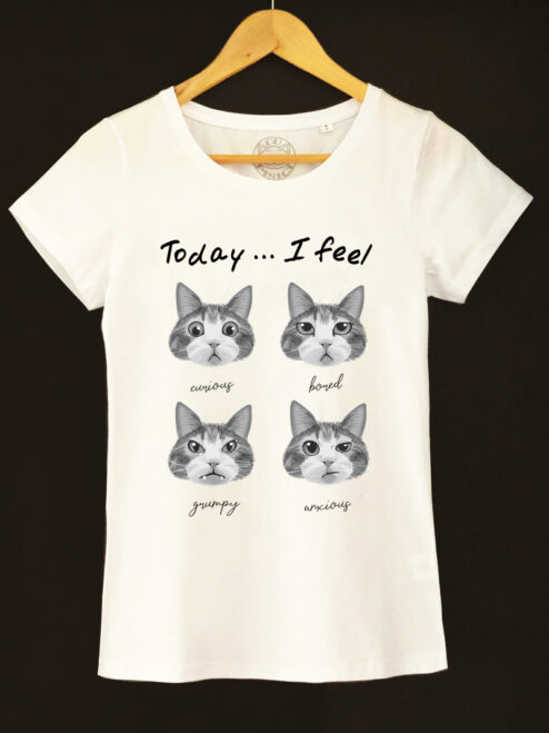 Tricou bumbac organic-Cat Mood, Femei-Alb