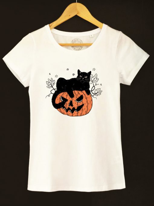 Tricou bumbac organic-Pumpkin Cat, Femei