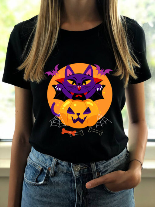 Tricou bumbac organic-Halloween Cat, Femei