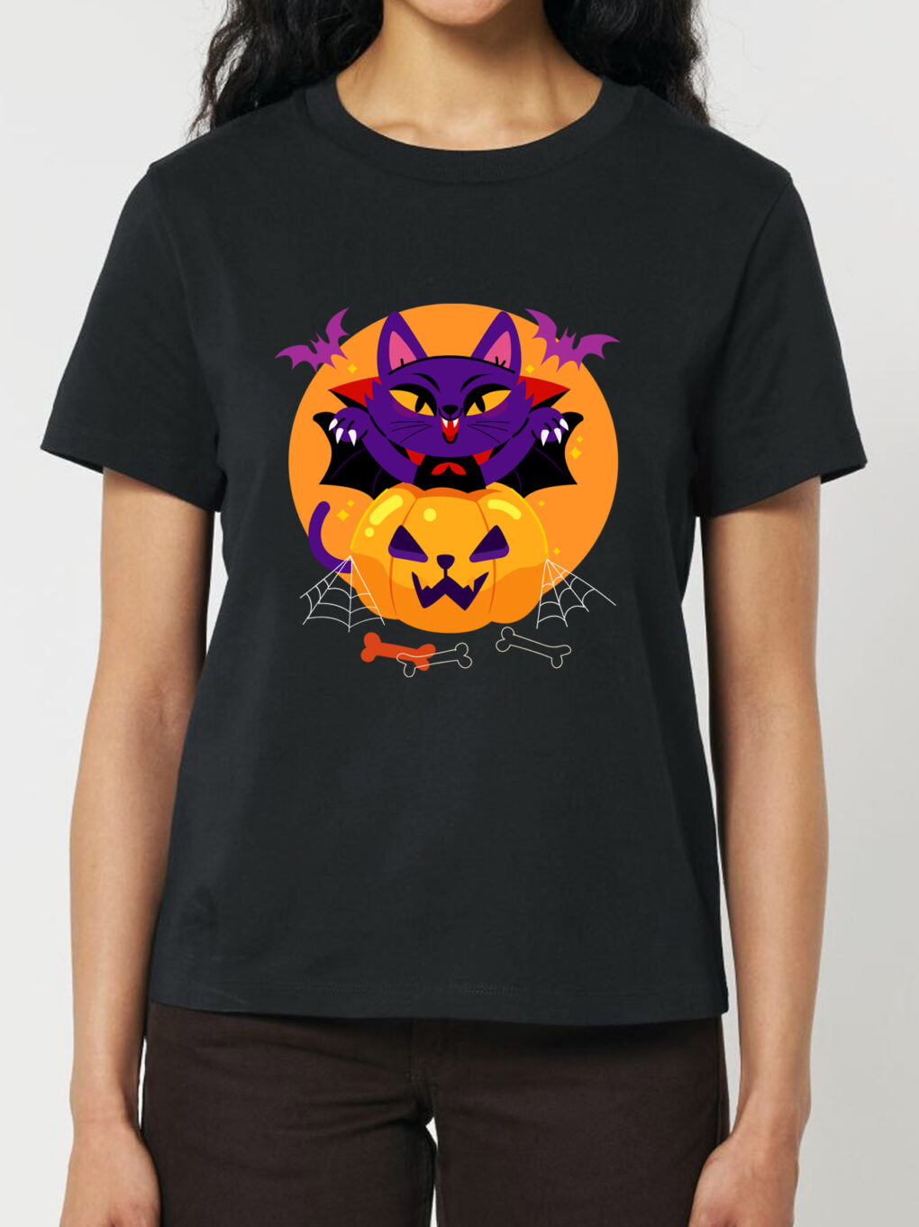 Tricou bumbac organic-Halloween Cat, Femei